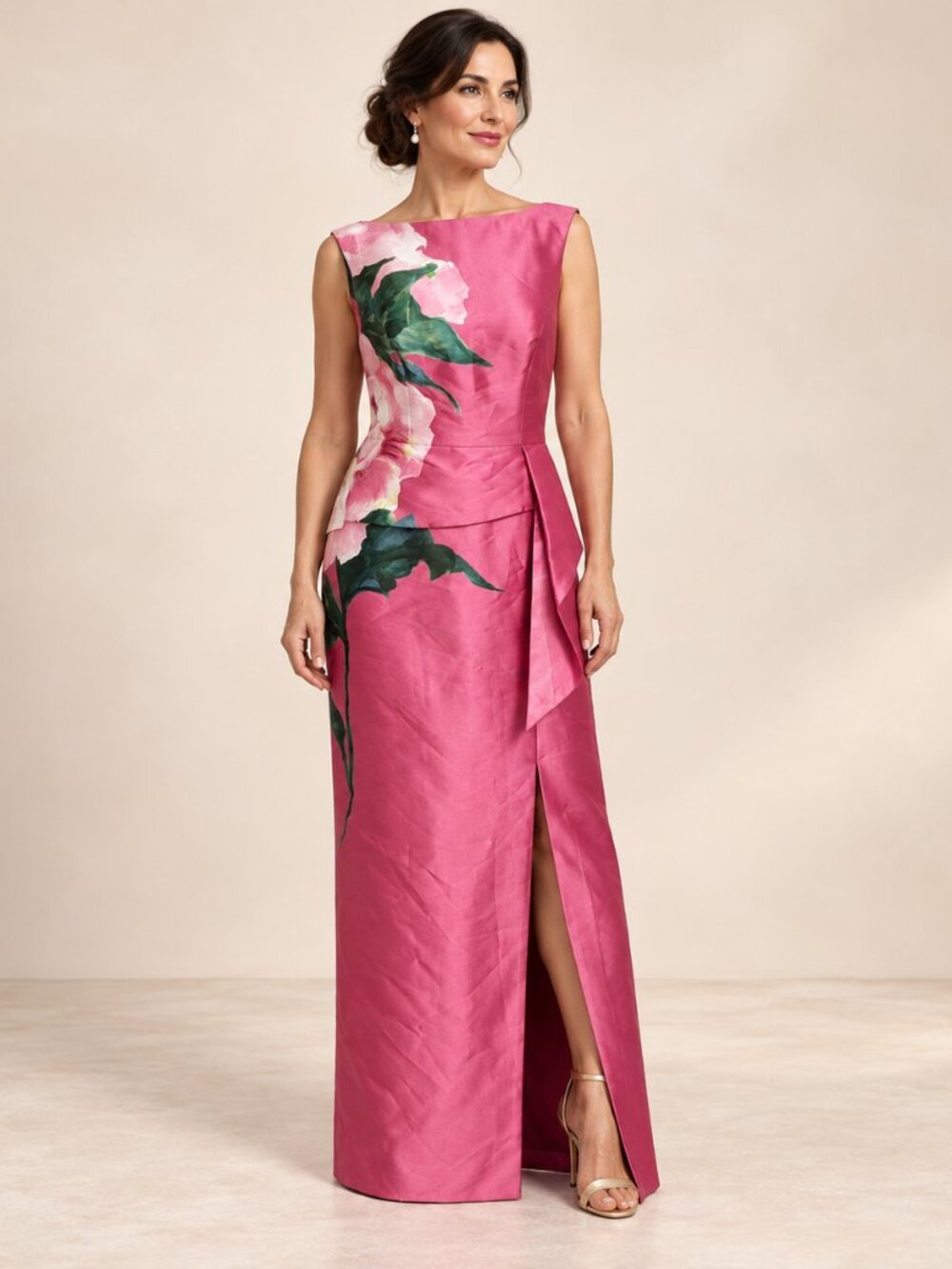 Kay Unger Luciana Pink Floral Column Gown Size 10 Draped Peplum Formal